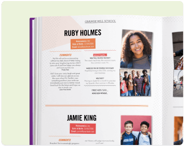 A printed yearbook, open to a photo spread