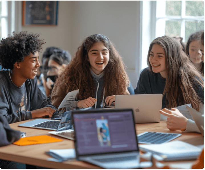 Students looking at a finished yearbook together