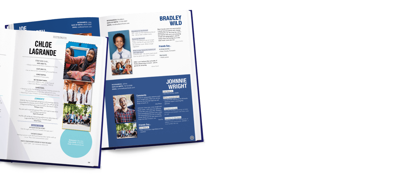 A printed yearbook open at a page of individual profiles