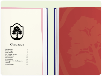 A contents page and a section divider in the book style